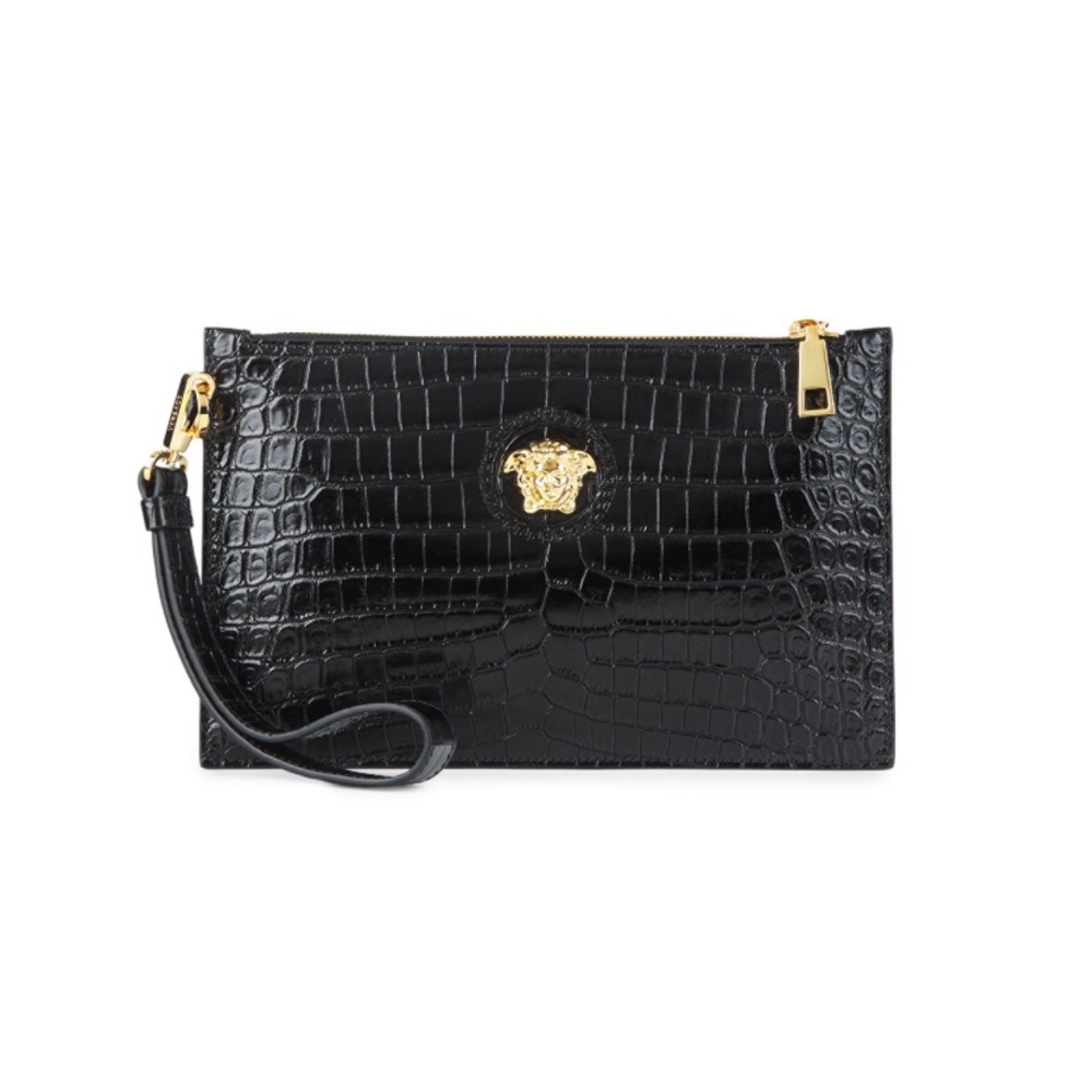 (RARE) VERSACE Medusa Croc-Embossed Leather Wristlet